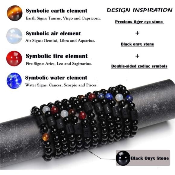 Zodiac Bracelet for Men Women, 8mm 10mm Natural Black Onyx Stone Star Sign - Picture 5 of 8
